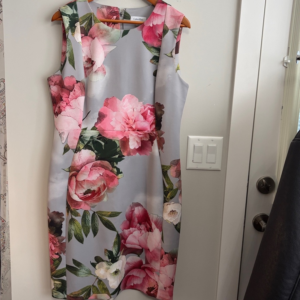 Calvin Klein Grey And Pink Floral Midi Dress
